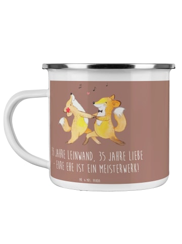Mr. & Mrs. Panda Camping Emaille Tasse 35. Hochzeitstag Leinwand... in Braun Pastell
