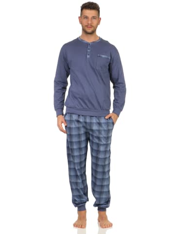 NORMANN Pyjama Mix & Match Bündchen und karierter Jersey Hose in blau