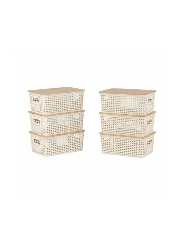 relaxdays 6 x Aufbewahrungsbox in Weiß/ Natur – (B)25,5 x (H)10,5 x (T)18 cm