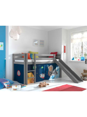 58 aufm Kessel KINDERBETT mit Rutsche Karolina Massivholz Grau Textilset Spaceman