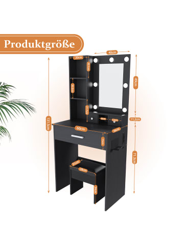 ABRIHOME Schminktisch in Schwarz 60x38x131,5 cm mit LED Spiegel Steckdose Hocker