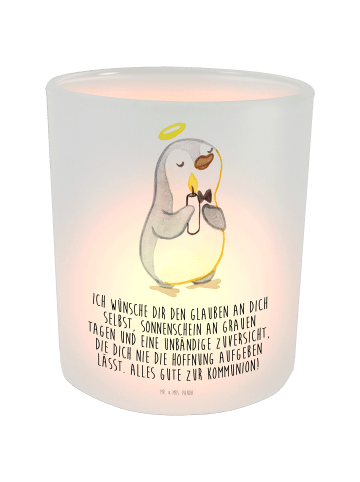 Mr. & Mrs. Panda Glas Kerzenhalter Pinguin Kommunion mit Spruch in Transparent