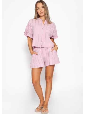SASSYCLASSY Gestreifte Musselin Bluse mit Volants in Rosa