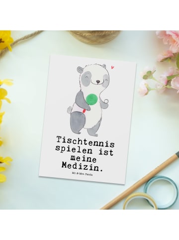 Mr. & Mrs. Panda Ansichtskarte Panda Tischtennis mit Spruch in Weiß