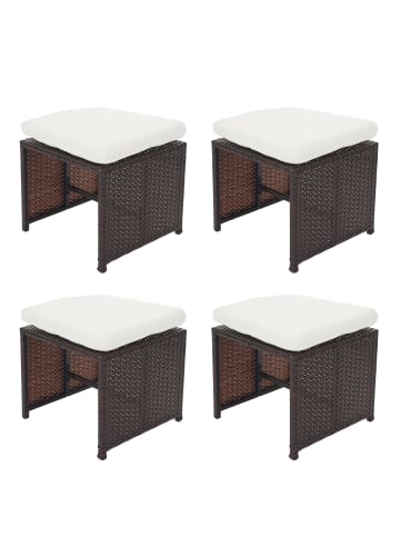 MCW 4er-Set Poly-Rattan Hocker Korfu, Braun, Kissen creme