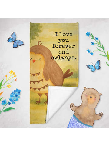 Mr. & Mrs. Panda Badhandtuch Eule Zufrieden Design mit Spruch in Türkis Pastell