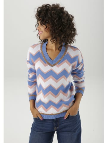 Aniston CASUAL Strickpullover in blau-altrosa-weiß-goldfarben