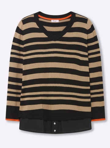 sheego Pullover in schwarz-beige-gestreift