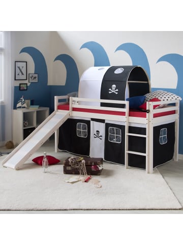 Homestyle4u Hochbett 90x200 mit Vorhang, Lattenrost, Matratze, Rutsche, Tunnel Weiß Pirat