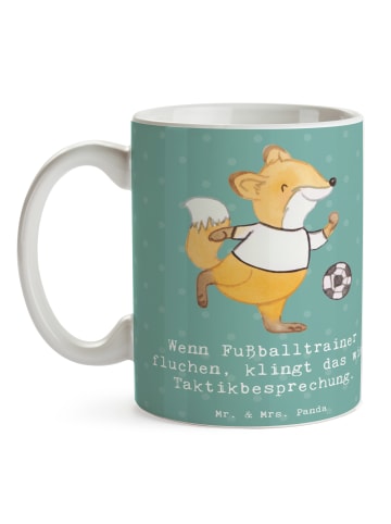 Mr. & Mrs. Panda Keramiktasse Fußballtrainer Taktik mit Spruch in Meeresbrise