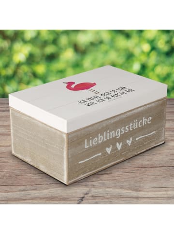 Mr. & Mrs. Panda Holztruhe Flamingo Stolz mit Spruch in Weiß