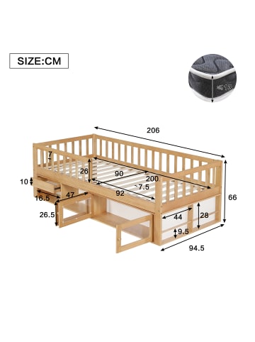 ABRIHOME Kinderbett in Natur 90x200 cm Massivholz mit Geländer Schublade Schrank