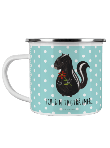 Mr. & Mrs. Panda Camping Emaille Tasse Stinktier Blume mit Spruch in Türkis Pastell