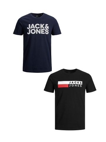 Jack & Jones 2-er SET Plus Size T-Shirt  Übergrößen Shirt Logo Print in Blau-Weiß