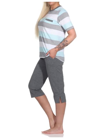 NORMANN Capri Schlafanzug kurzarm Blockstreifen in helltürkis