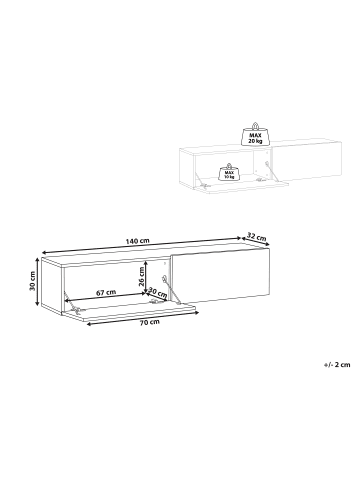 Beliani TV-Schrank GLADSTONE in Weiß/Braun - (W) 140 x (H) 30 x (L) 32 cm
