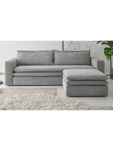 Furn.Design Sofa-Set hellgrau Cord, Couch 3-Sitzer mit Bettfunktion inklusive Hocker