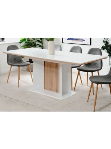 Furn.Design Esstisch weiß, Eiche Artisan, Säulentisch ausziehbar 160 - 200 x 90 cm