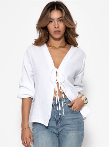 SASSYCLASSY Musselin Blusenjacke mit Bindebänder in weiß