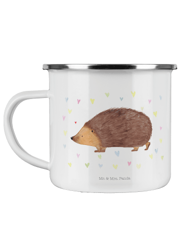 Mr. & Mrs. Panda Camping Emaille Tasse Igel Herzen ohne Spruch in Weiß