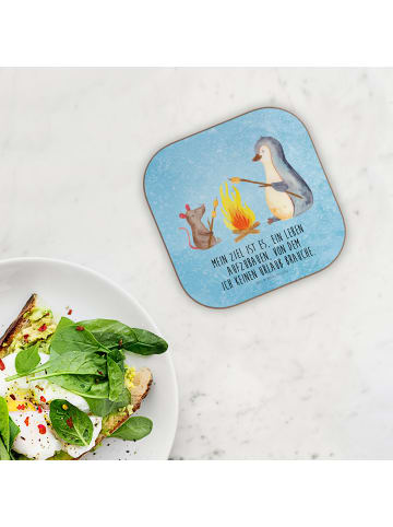 Mr. & Mrs. Panda Bierdeckel Pinguin Lagerfeuer mit Spruch in Eisblau