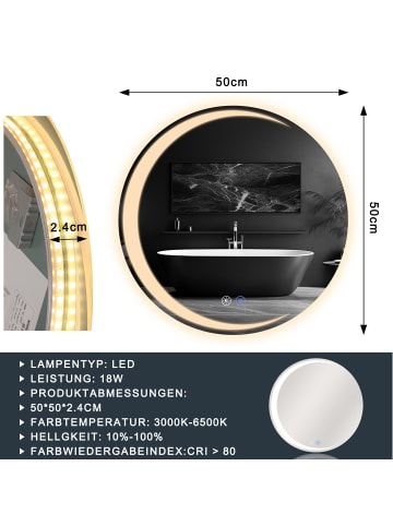 ZMH Badspiegel mit Beleuchtung in nickel Dimmbar IP44 rund mit Touch-Schalter Ø50cm