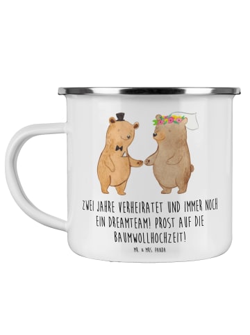Mr. & Mrs. Panda Emaille Tasse 2. Hochzeitstag Baumwollhochzeit ... in Weiß