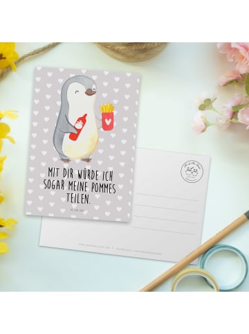 Mr. & Mrs. Panda Postkarte Pinguin Pommes mit Spruch in Grau Pastell