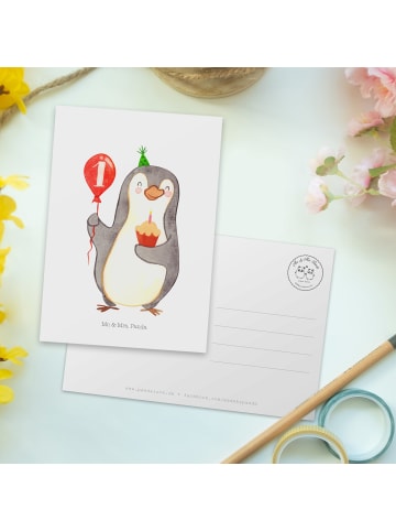 Mr. & Mrs. Panda Ansichtskarte 1. Geburtstag Pinguin Luftballon ... in Weiß