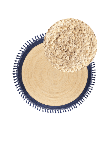 Beliani Geflochtener Teppich MARTS in Beige/Blau - (W) 200 x (L) 200 cm