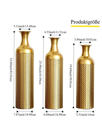 ABRIHOME Deko Vasen in Gold 3er Set mit Strukturmuster 50/66/83 cm Metall Vintage