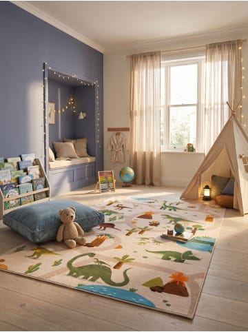 KADIMA DESIGN Kinderteppich Dinosaurier-Landschaft Waschbar TINO OEKO-TEX in Beige