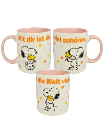 Snoopy Peanuts Snoopy Tasse die Welt Kaffeetasse Becher 320 ml in weiss/rosa