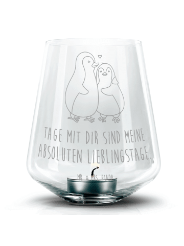 Mr. & Mrs. Panda Gravur Windlicht Pinguin umarmen mit Spruch in Transparent