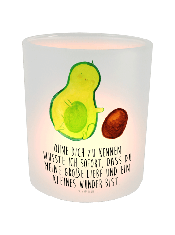 Mr. & Mrs. Panda Windlicht aus Glas Avocado Kern rollt mit Spruch in Transparent