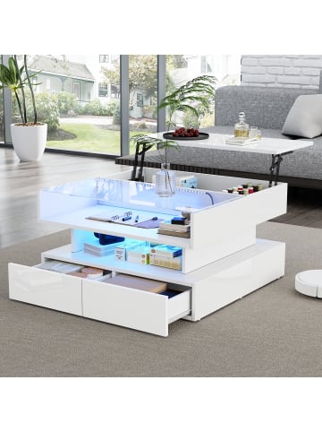 ABRIHOME Couchtisch Höhenverstellbarer mit Stauraum und LED in Weiß, 80*80*45cm