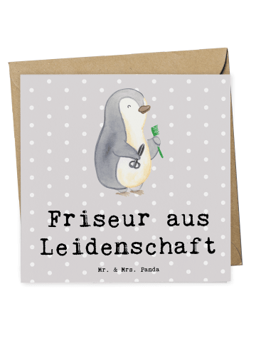 Mr. & Mrs. Panda Glückwunschkarte Friseur Leidenschaft mit Spruch in Grau Pastell