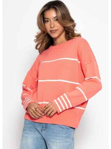 SASSYCLASSY Feinstrickpullover mit Kontraststreifen in Koralle