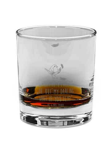 Mr. & Mrs. Panda Whiskey Glas Rotkehlchen Federn mit Spruch in Transparent