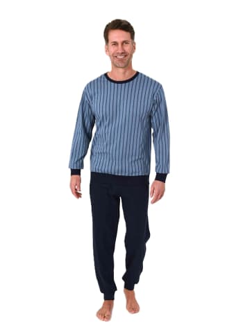 NORMANN Langarm Schlafanzug Pyjama Bündchen Minimalprint in blau