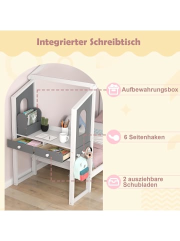 COSTWAY Kinderbett 90x200cm mit Dach & Schreibtisch in Weiß