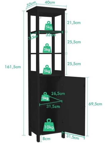 COSTWAY Badezimmerschrank 160cm Wohnzimmer Küche in Schwarz