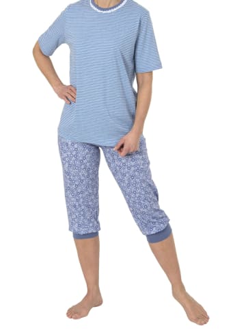NORMANN Capri Pyjama kurzarm und Spitzenbesatz - 44524 in blau