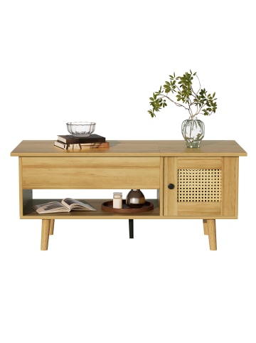 ABRIHOME Couchtisch in Holzoptik mit Rattantüren und Lift-Top – 103x46x50 cm