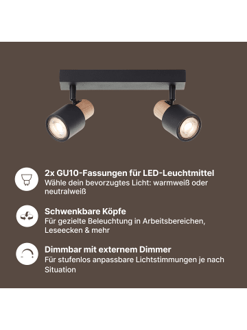 Brilliant Pini LED-Spotbalken, 2-flammig, Schwarz/Holz hell, dimmbar, schwenkbar