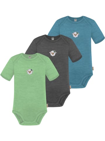 Normani Outdoor Sports 3er Set Baby Merino Body Kurzarm Tauranga in Blau/Anthrazit/Grün