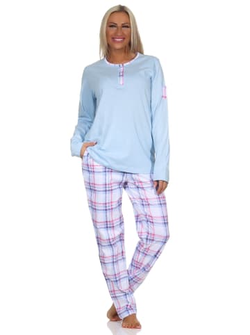 NORMANN Schlafanzug langarm Pyjama karierter Hose Jersey - 84736 in hellblau