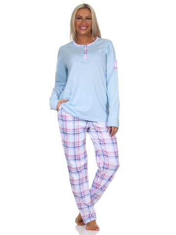 NORMANN Schlafanzug langarm Pyjama karierter Hose Jersey in hellblau