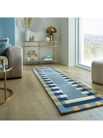 KADIMA DESIGN Wollteppich Geometrisch, Rahmen, Wohnzimmer schmutzabweisend in Blau-Gelb