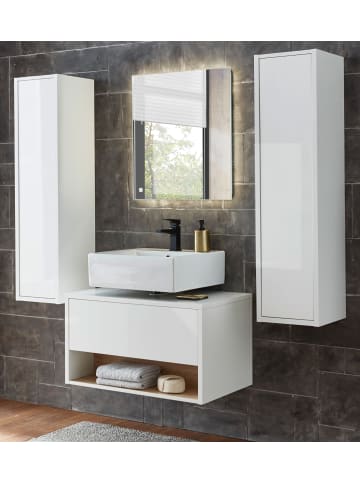Furn.Design Badmöbel-Set 4-teilig weiß Hochglanz, Eiche 160 cm, Kombination mit Beleuchtung